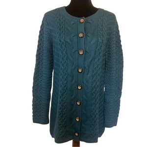 NWT Chadwicks Teal Cable‎ Knit Button-Up Long Sweater Cardigan Size Large